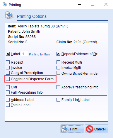 Dispensing Code Dispensing a Continued Dispensing/Supply – Z Software